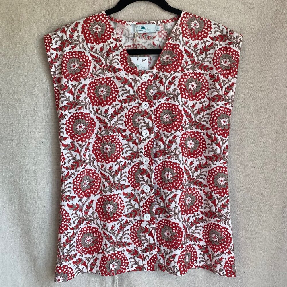 Fair Trade Real Hand-blocked Organic Cotton Button Shirt NWT Small Passion Lilie